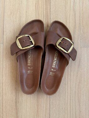 Birkenstock Madrid Big Buckle Slide Sandal (Women) in Cognac Leather